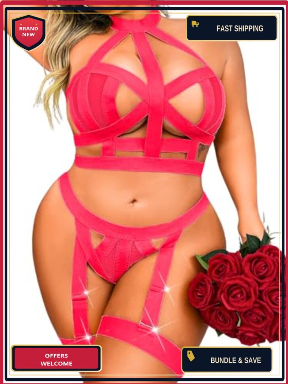 Plus Size Lingerie Set Strappy Garter Thong Halter Bra 3 Piece